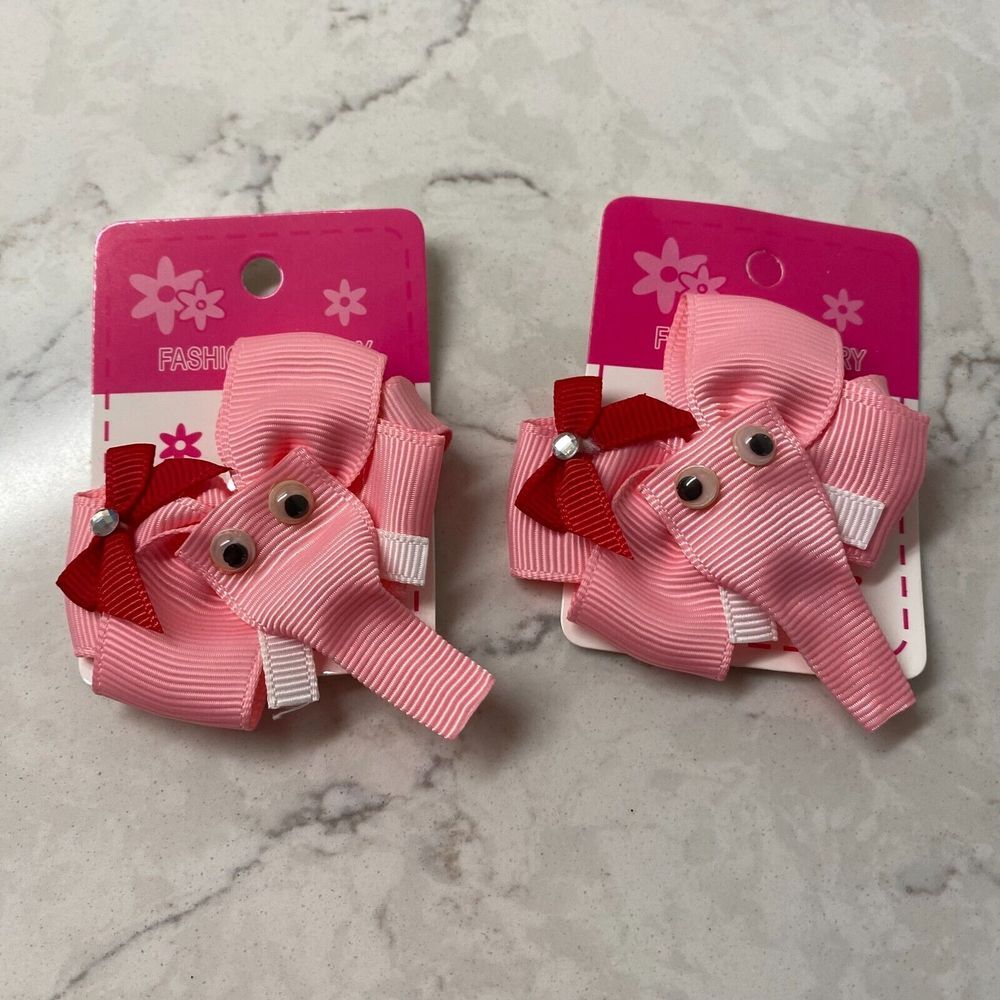 Fashion Jewelry Girls Pink Elephant Hair Clip Ribbon Sculpture - (Lot of 2)